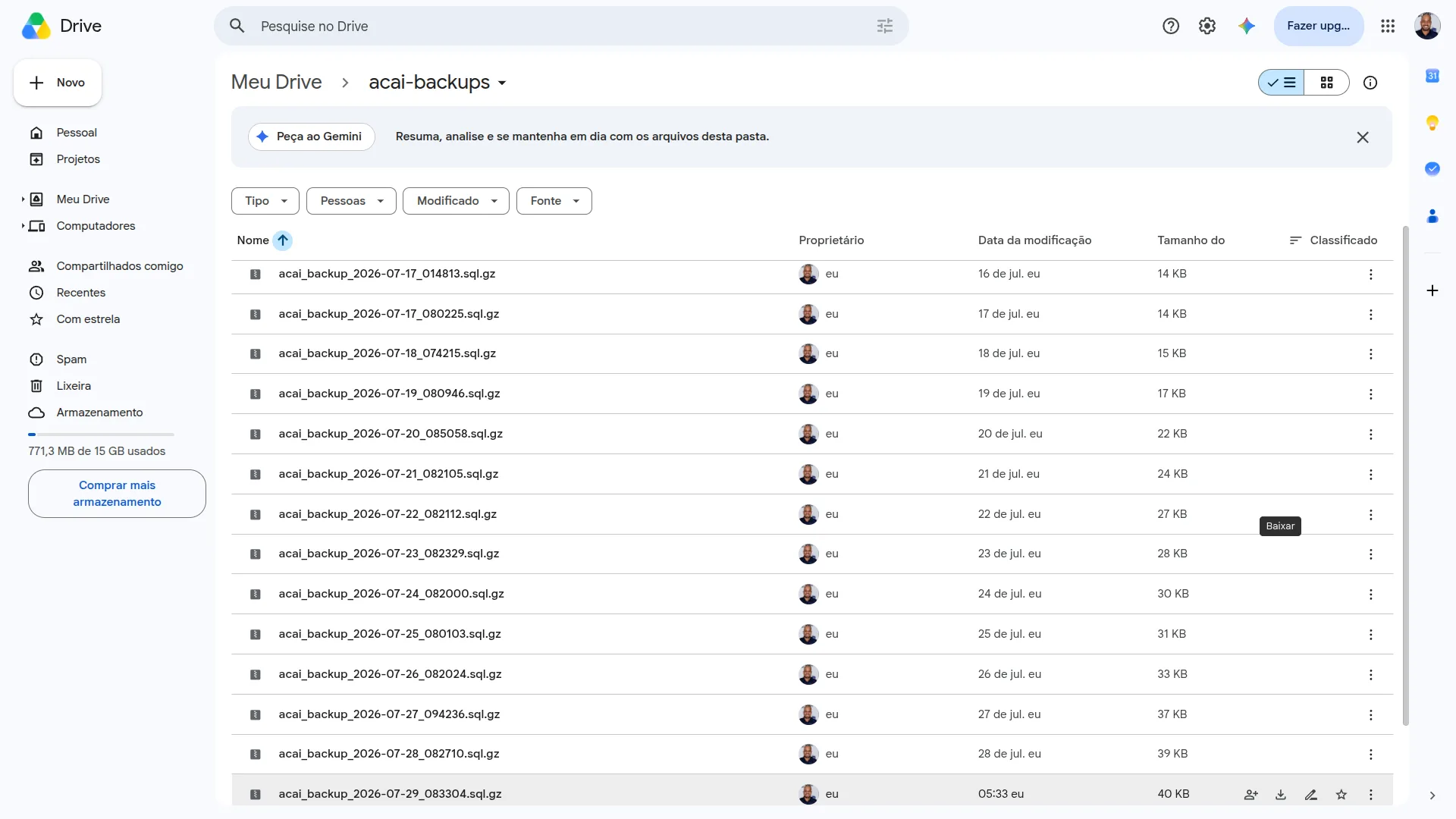 Pasta no Google Drive com backups datados e rotação automática