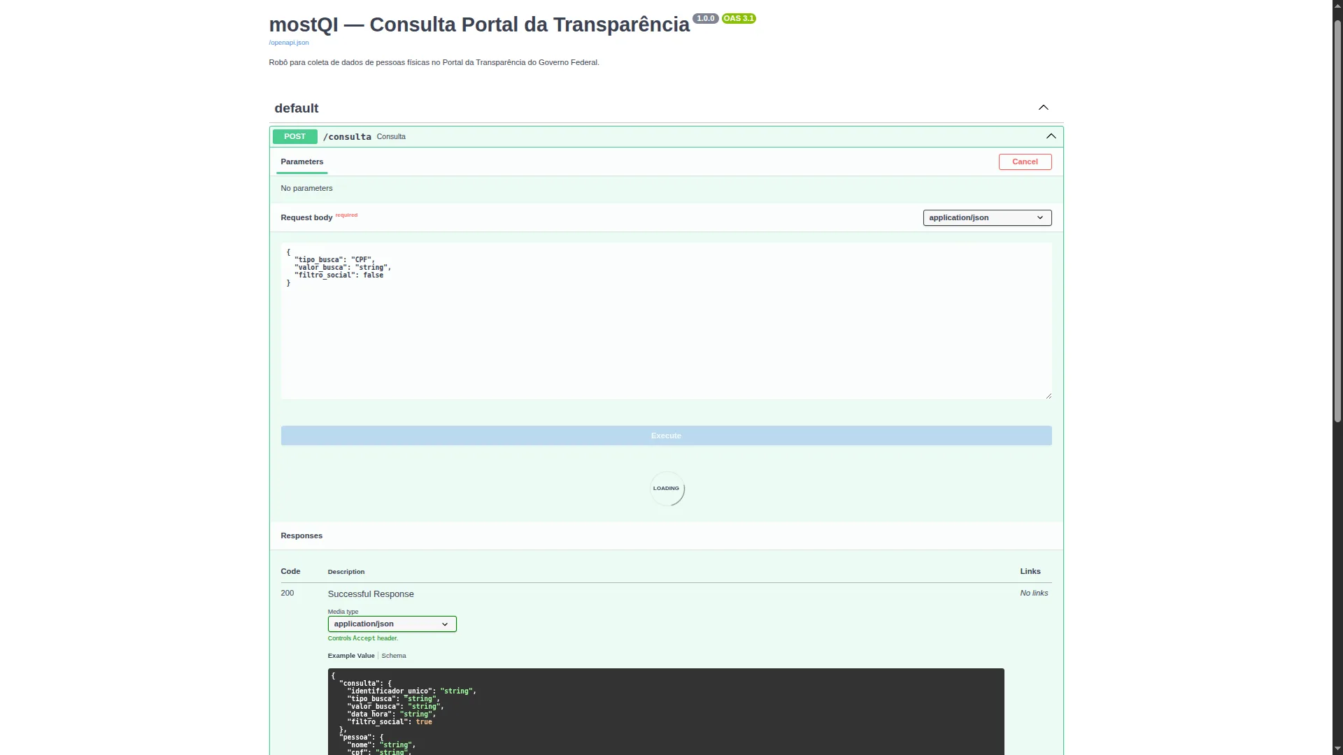Swagger UI com endpoint de busca documentado automaticamente pelo FastAPI