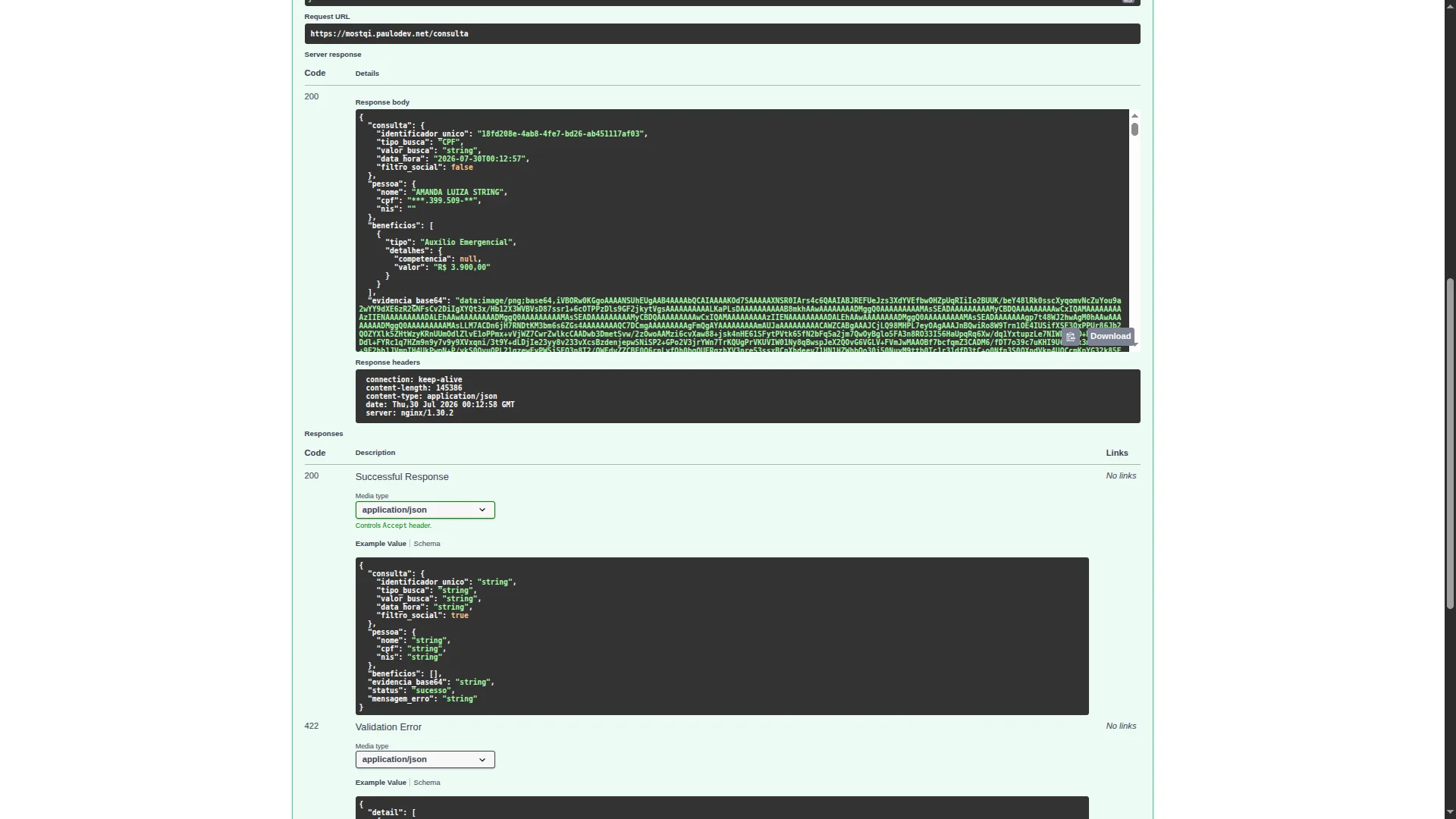 Resposta JSON de consulta bem-sucedida