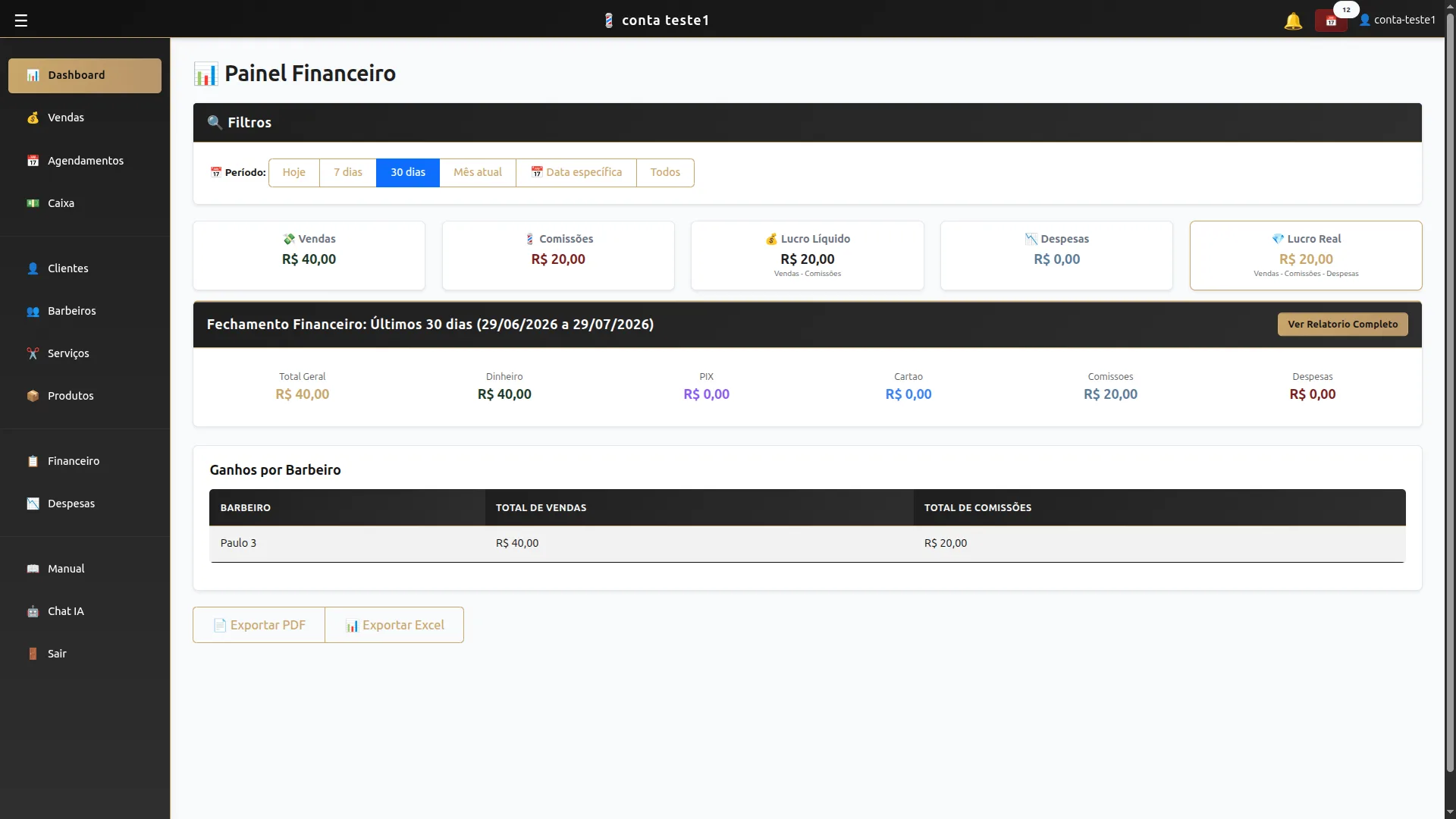 Dashboard financeiro com lucro líquido e conciliação por forma de pagamento