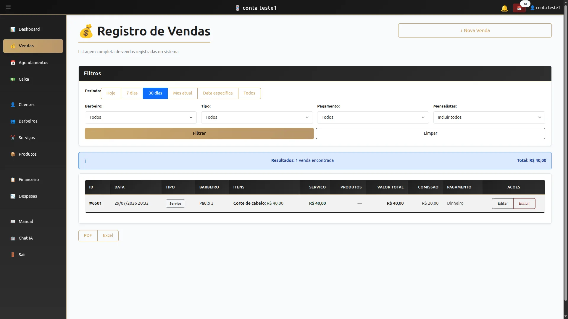 Tela de vendas com registro de comissionamento por barbeiro