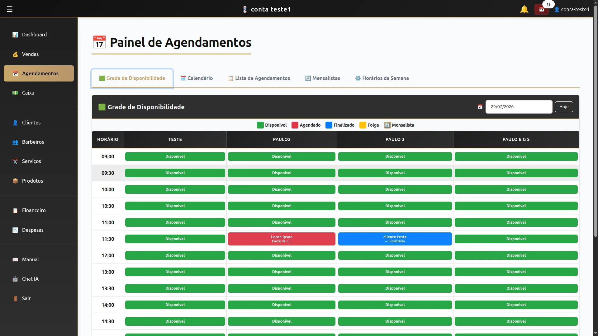 Grade de disponibilidade e calendário de agendamentos