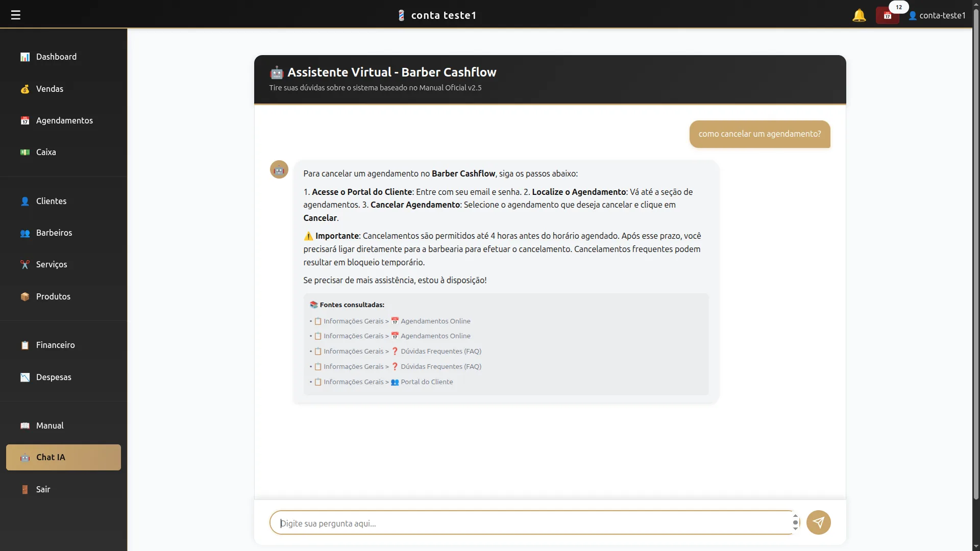 Assistente de IA respondendo perguntas sobre o negócio