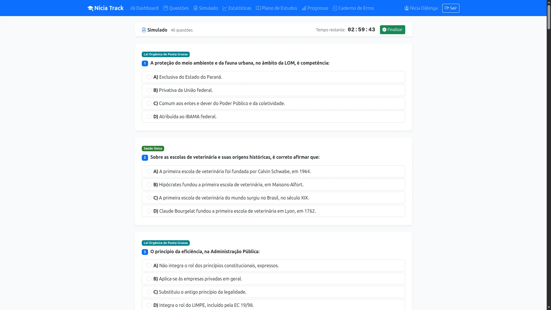 Simulado em andamento com questões de múltipla escolha