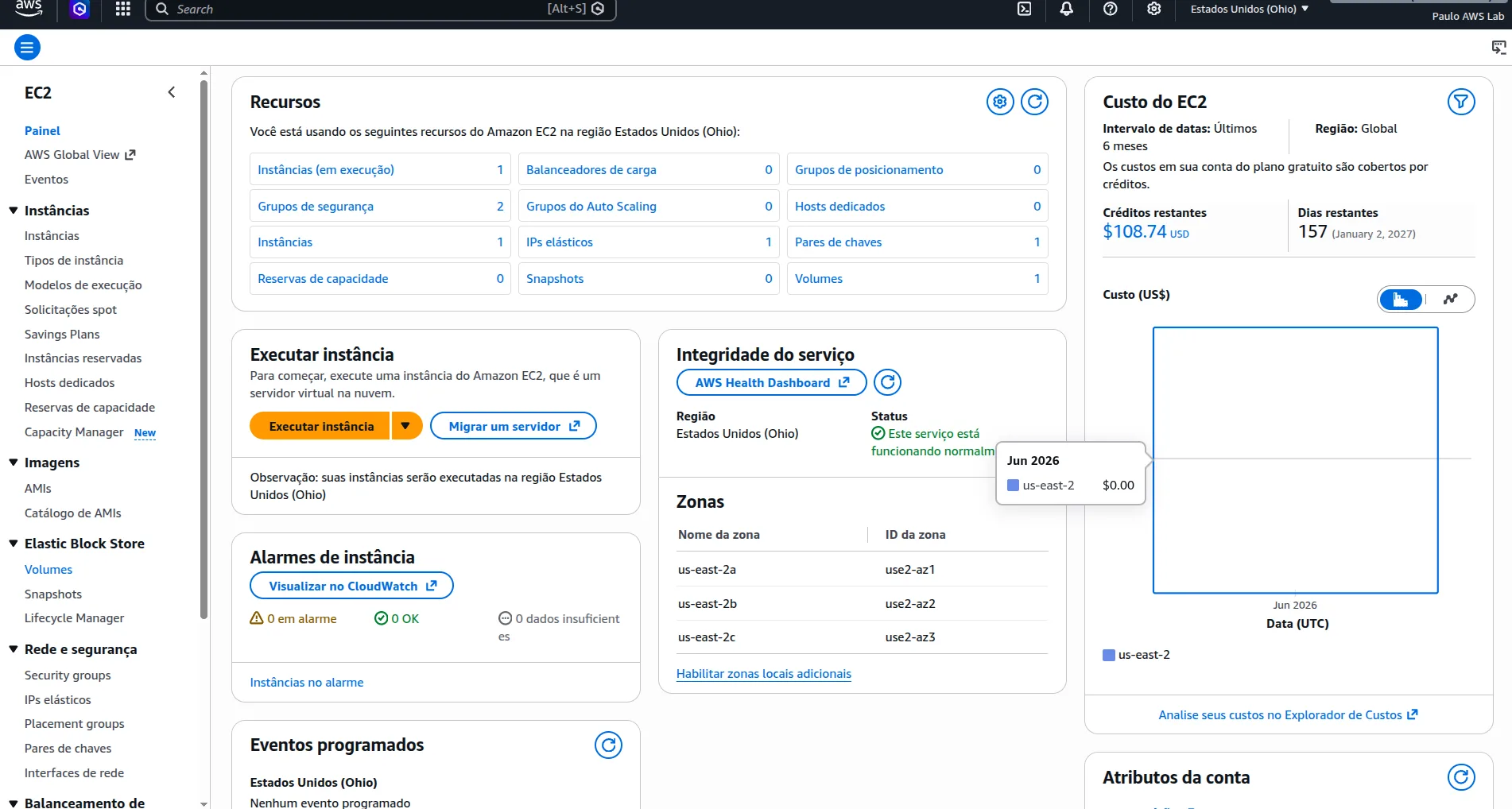 Console AWS mostrando instância EC2 em execução